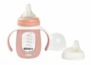 Biberon verre d‘apprentissage 2 en 1 - 210 ml + housse silicone - vieux rose